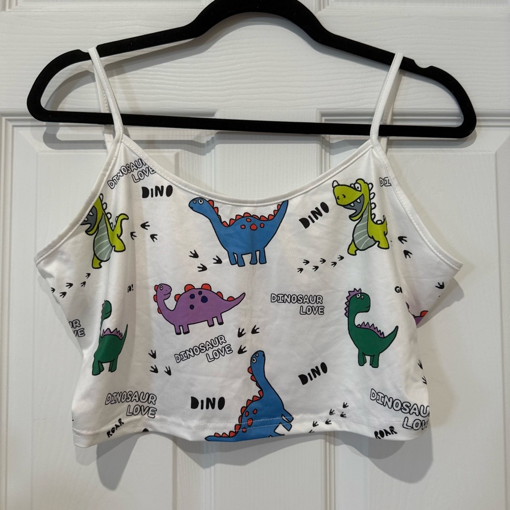 White Cropped Cami with Colorful Dinosaur Print